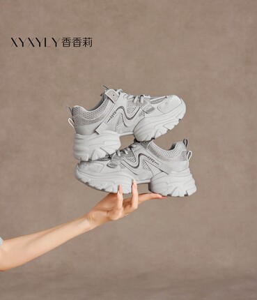 香香莉2026秋季女鞋系带厚底网面老爹鞋高跟轻便女休闲鞋36555