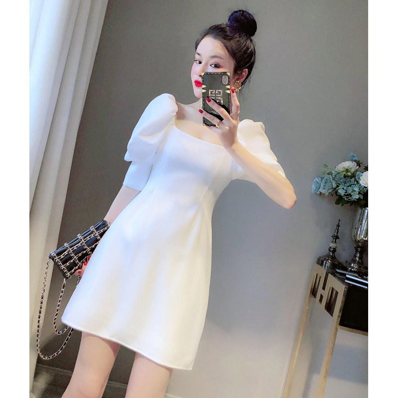 ONLY YOU仙女气质2020夏装泡泡袖连衣裙方领修身a字显瘦白短裙子