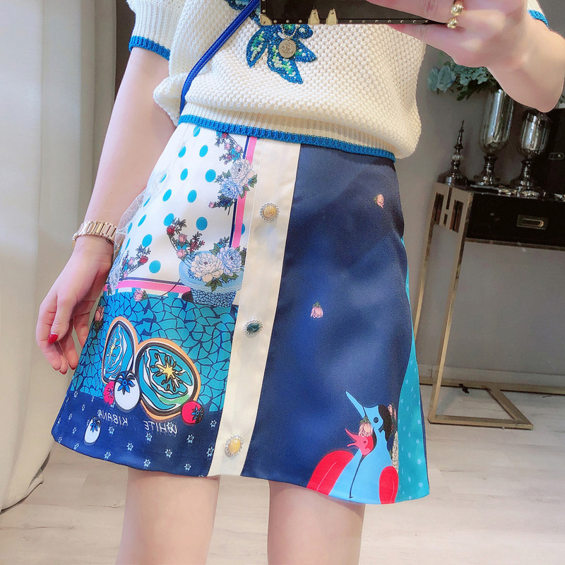 ONLY YOU2020夏装韩版百搭时尚高腰单排扣图腾印花a字半身裙短裙