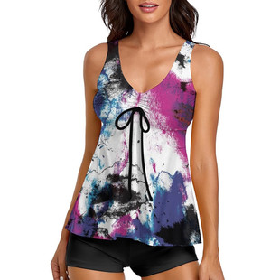 女士两件套短裤背心塔基尼泳衣欧美新款外贸出口双肩抽绳保守套装