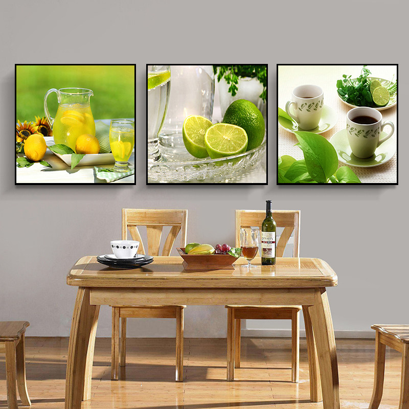 5d咖啡钻石画三联画餐厅三联画清新水果全贴点钻十字绣饭厅三连幅