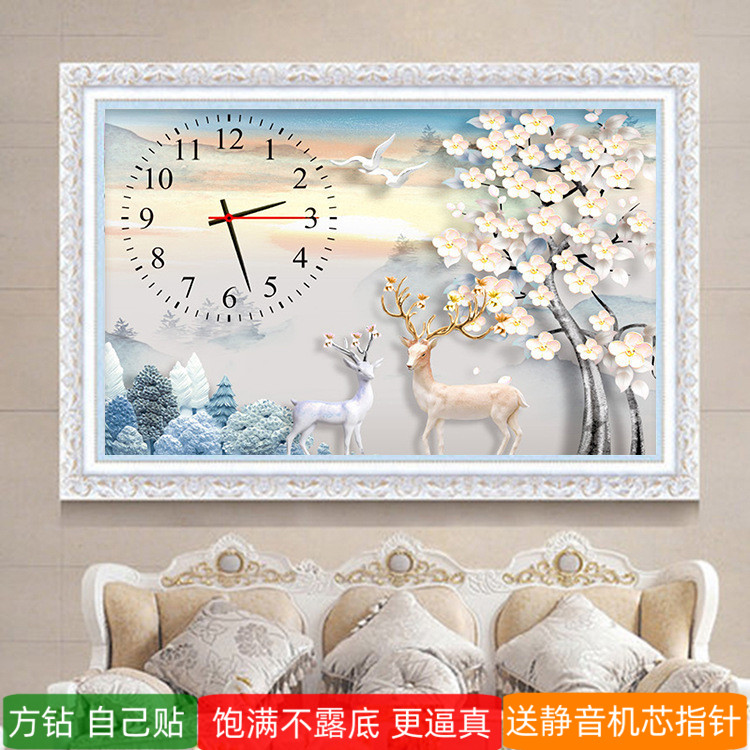 5d发财鹿方钻钻石画满钻钟表手工diy客餐厅粘贴钻十字绣砖点钻画