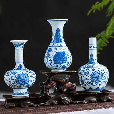 景德镇陶瓷器仿古青花手绘迷你小花瓶花插茶道水培创意博古架摆件