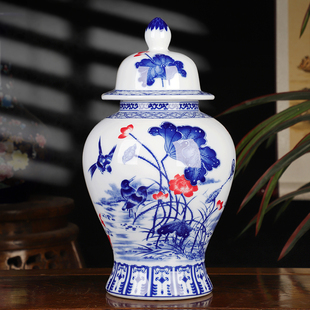 景德镇陶瓷器中式仿古青花盖罐将军罐家居装饰品大瓷罐储物罐摆件