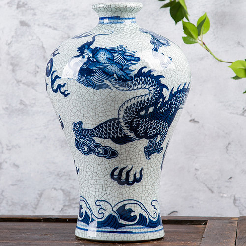 景德镇陶瓷器花瓶彷官窑裂纹釉龙纹花瓶插花中式家居客厅装饰摆件