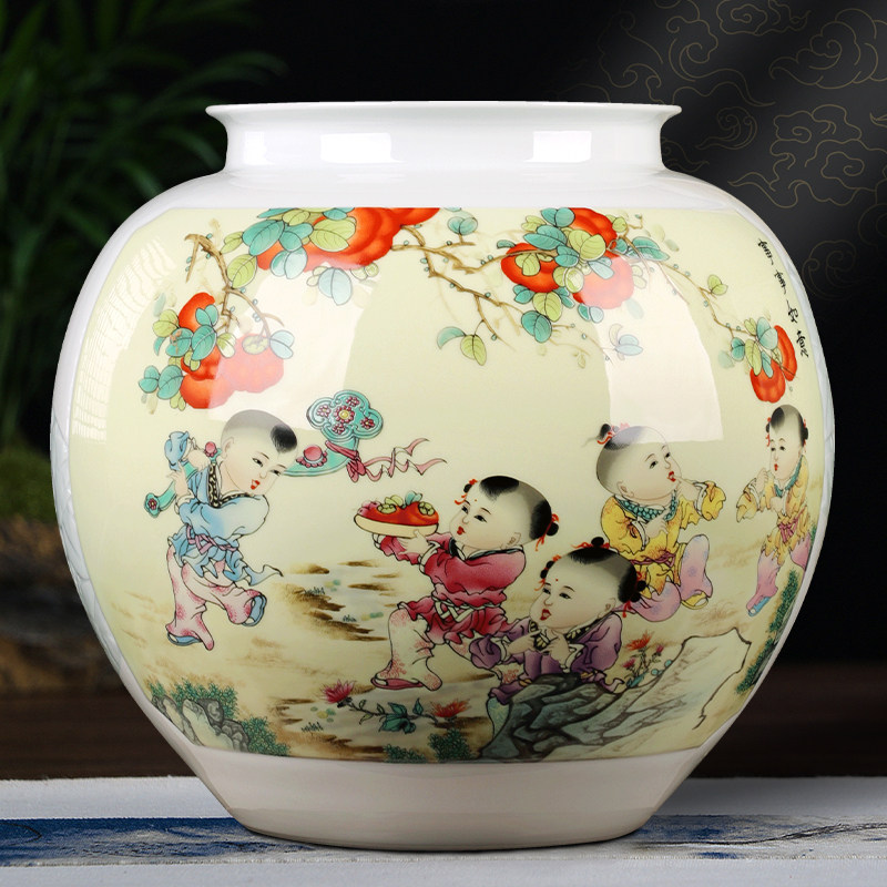 景德镇陶瓷器仿古粉彩童子石榴罐五子登科摆件插花家居装饰品花瓶