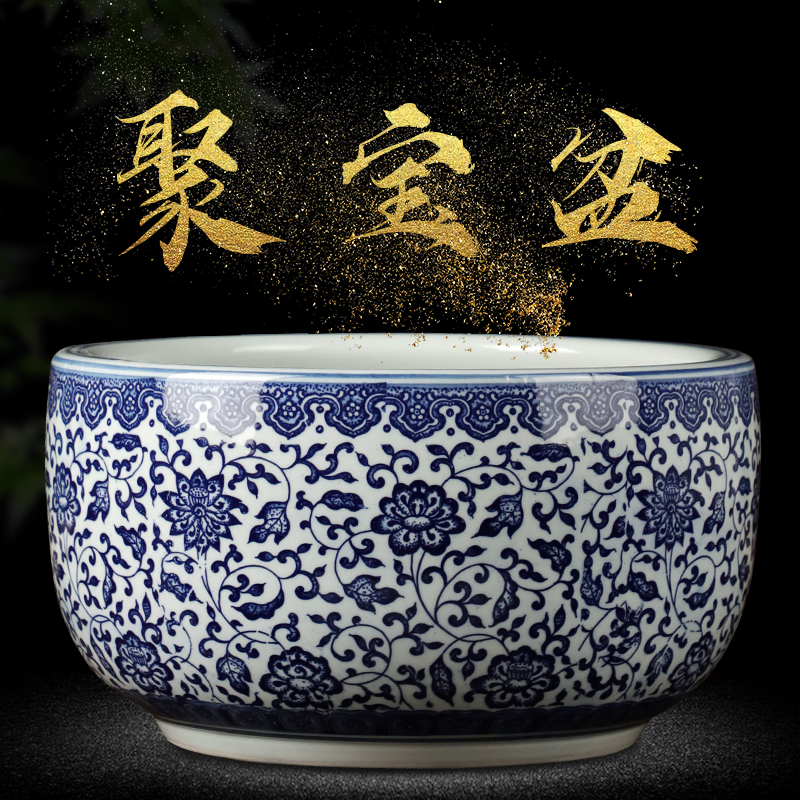 景德镇陶瓷器青花瓷聚宝盆家居装饰品摆件 新中式瓷器博古架摆设