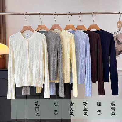 新款女装纽花圆领针织开衫毛衣外套休闲空调衫 488123/481477