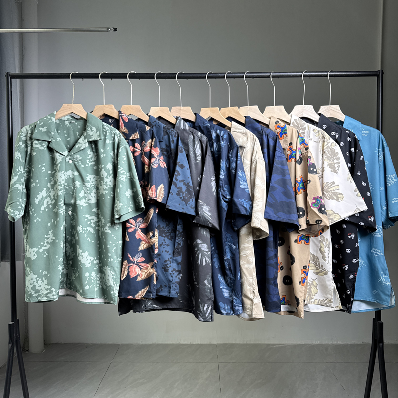 清仓福利特价工作服男女海岛度假风宽松印花开领短袖休闲花衬衫
