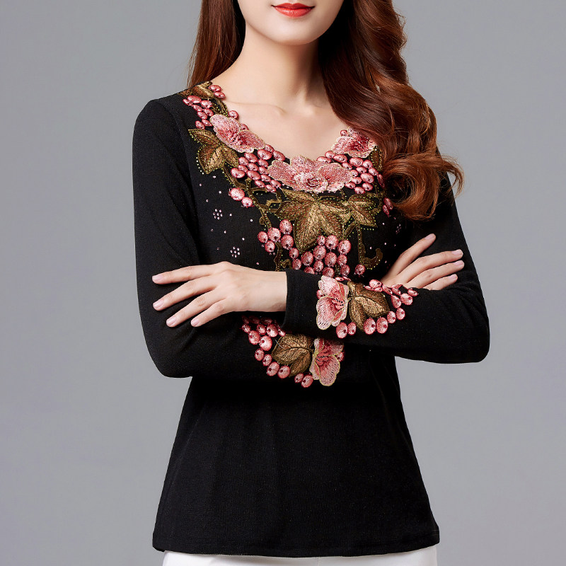 中老年女装刺绣上衣2025春秋新款妈妈装洋气打底衫台湾纱长袖T恤,女装/女士精品,中老年女装,淘宝优惠券,粉丝福利购,淘宝优惠卷