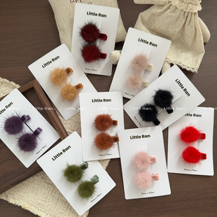 Little Ran秋冬新年儿童发饰宝宝毛球发夹可爱女童汉服配饰