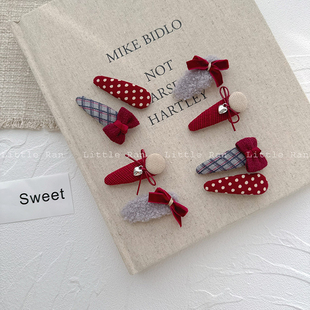 Little Ran 秋冬新年发饰儿童红色系蝴蝶结发夹刘海侧边夹子