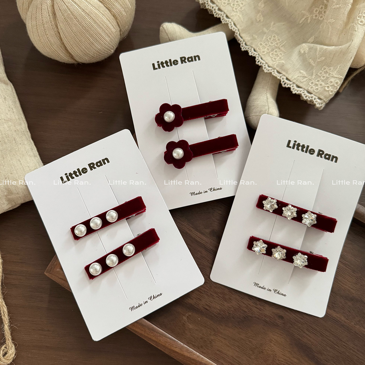 Little Ran复古红色丝绒珍珠发夹女韩版花朵侧边夹氛围感刘海夹,童装/婴儿装/亲子装,发饰,淘宝优惠券,粉丝福利购,淘宝优惠卷