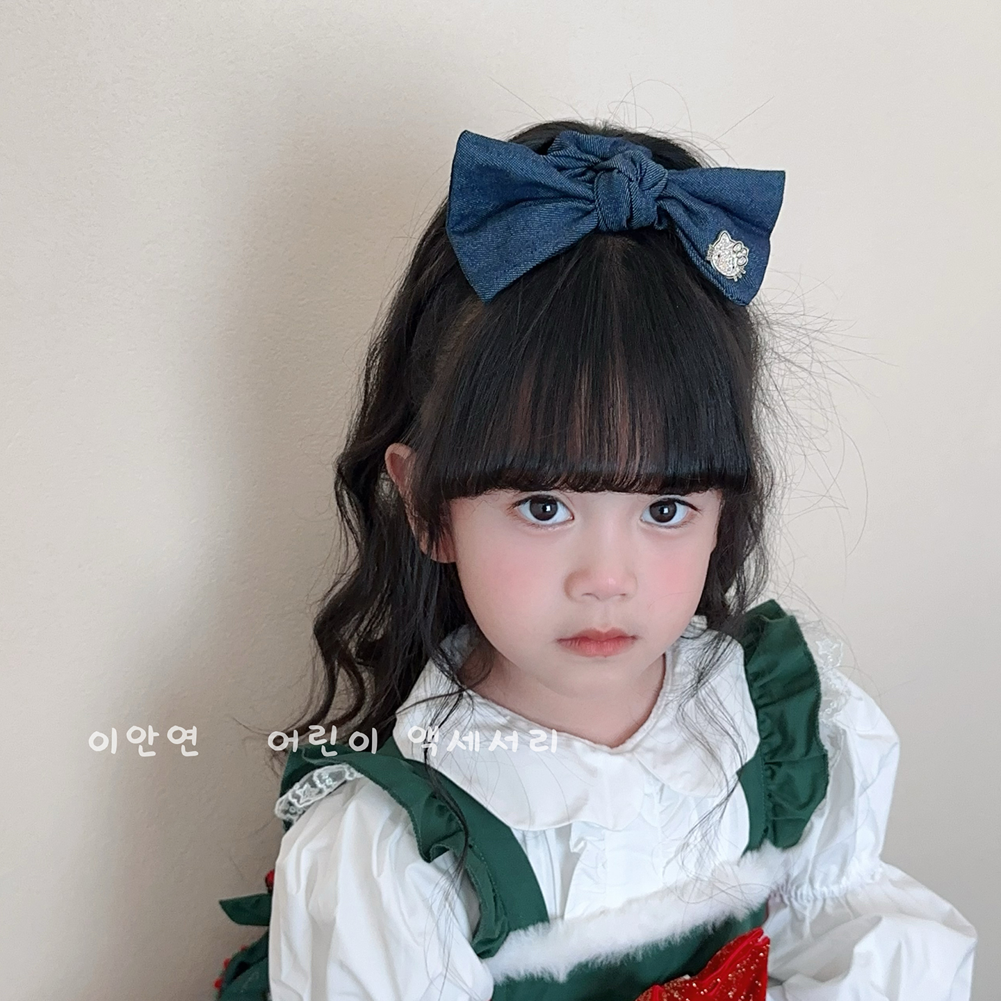 Little Ran 牛仔甜美可爱蓝色蝴蝶结发夹女童KT猫可爱儿童发饰