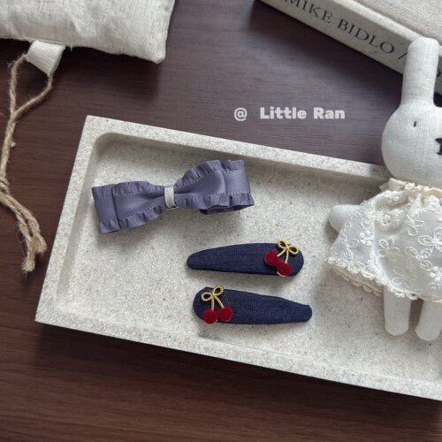Little Ran可爱樱桃蝴蝶结发夹女童蓝色牛仔布艺发饰儿童头饰