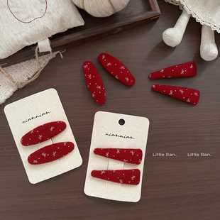 Little Ran红色蝴蝶结发夹儿童布艺侧边碎发刘海夹甜美手工边夹女