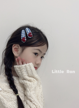 Little Ran韩版格子爱心发夹女复古刘海夹侧边碎发夹蓝色爱心发饰