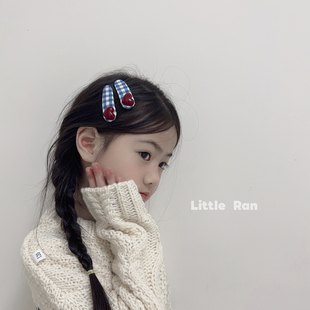 Little 格子爱心发夹女复古刘海夹侧边碎发夹蓝色爱心发饰 Ran韩版