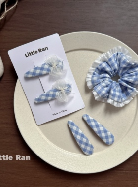 Little Ran不锈钢蓝色格纹发夹蝴蝶结发圈发夹少女心学院风发饰
