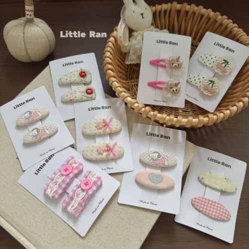 Little Ran韩系春夏儿童发夹女童卡通小熊格纹BB夹可爱刘海夹布艺