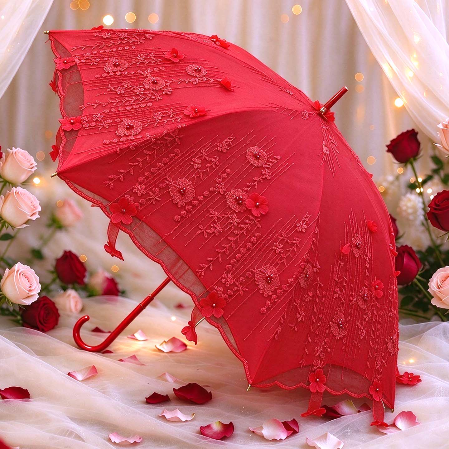中式红色结婚雨伞新娘伞高档刺绣长柄婚礼出嫁伞陪嫁婚庆用品红伞