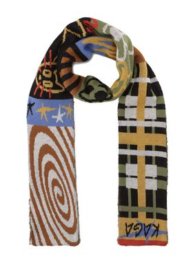 官方正品KAGA【双色双面双面料】羊毛混纺针织提花艺术围巾