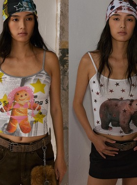 官方正品KAGA U型弹力修身印花吊带背心 白色 灰色