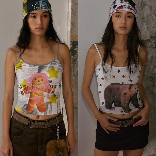 官方正品KAGA U型弹力修身印花吊带背心 白色 灰色