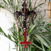 主师原创暗黑系纯银血红十字形架骷髅骨架皇冠纯手工s925项链吊坠