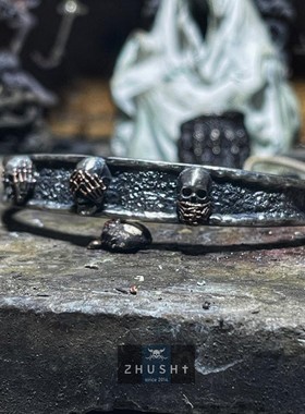 主师原创2025设计新款骷髅勿说勿听勿看纯银开口手工暗黑系手镯