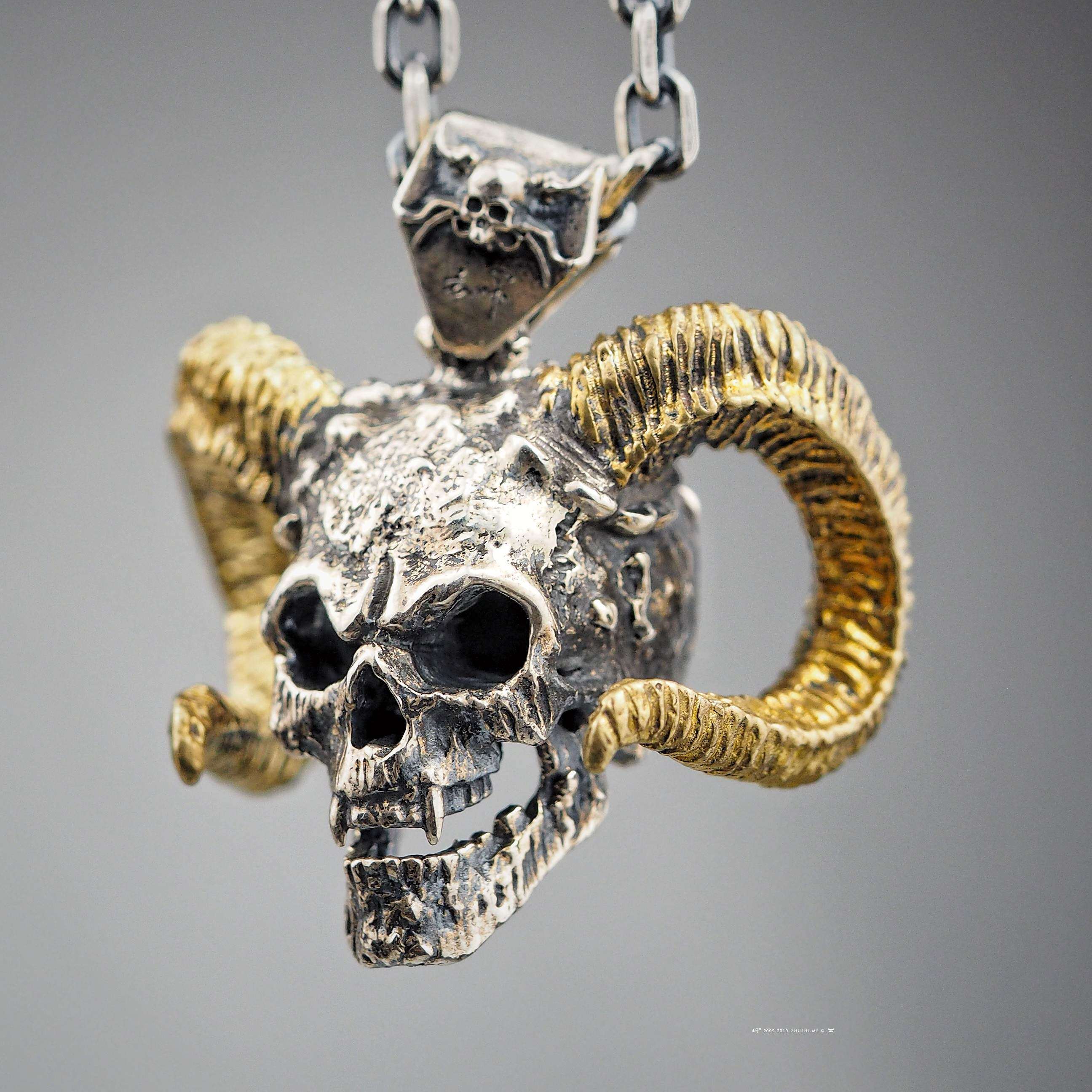 主师原创设计手工制作纯银分体焊接暗黑羊角骷髅头撒旦项链吊坠