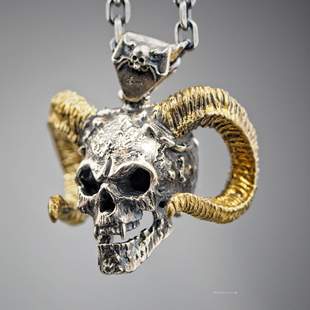主师原创设计手工制作纯银分体焊接暗黑羊角骷髅头撒旦项链吊坠