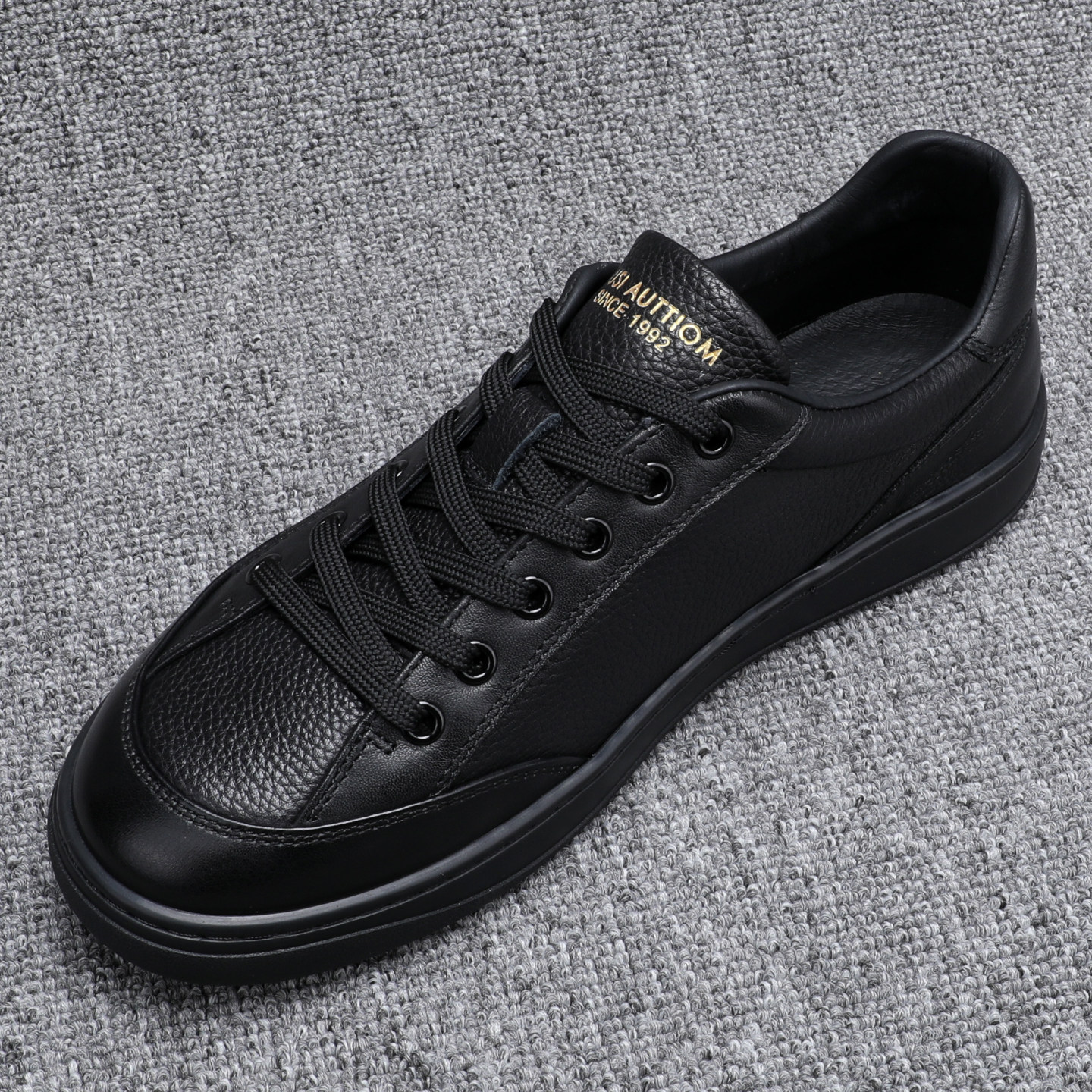 欧洲站真皮板鞋男日常软底压花牛皮小黑鞋韩版系带软牛皮休闲男鞋