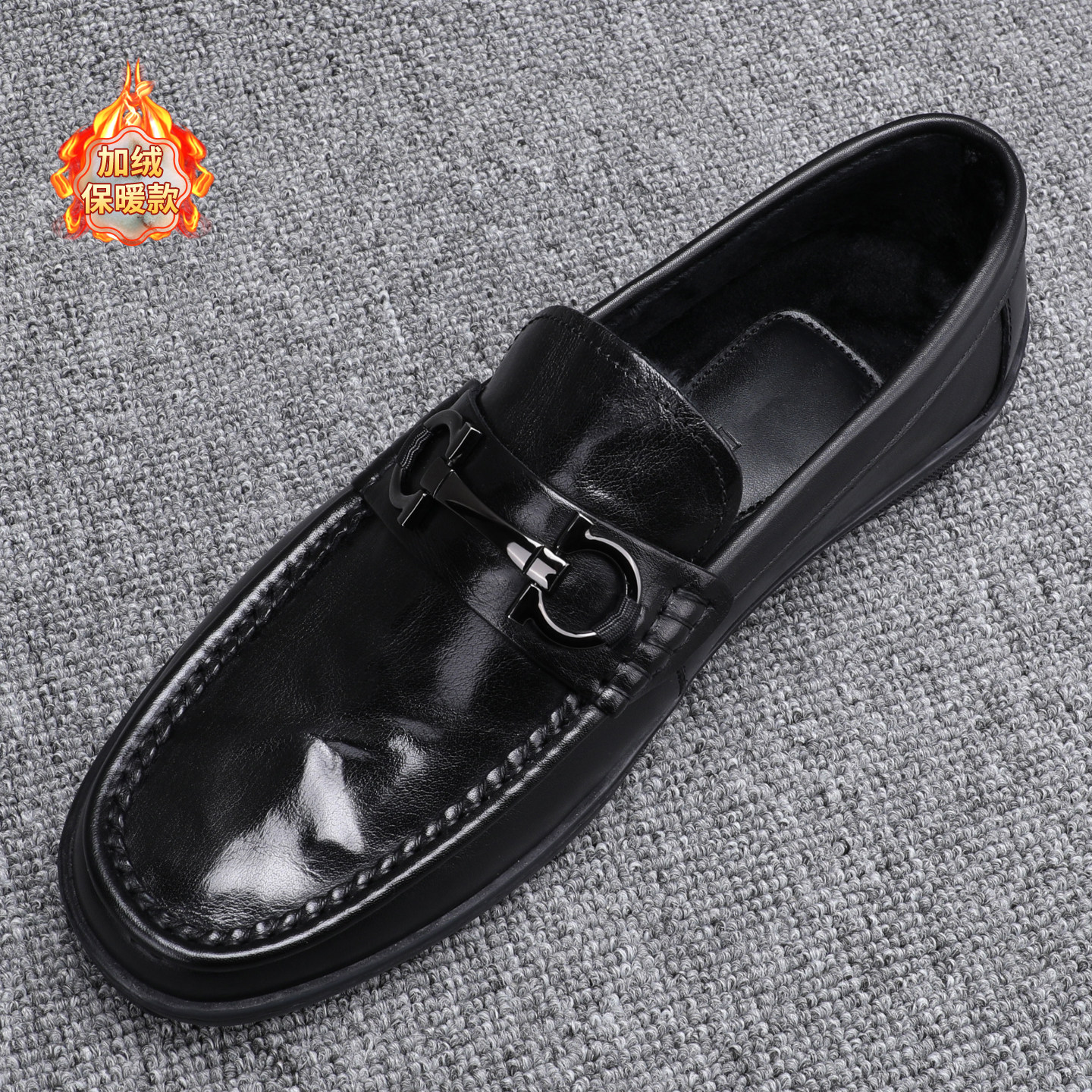 冬季加绒保暖真皮豆豆鞋男韩版软底百搭一脚蹬乐福鞋男款休闲皮鞋