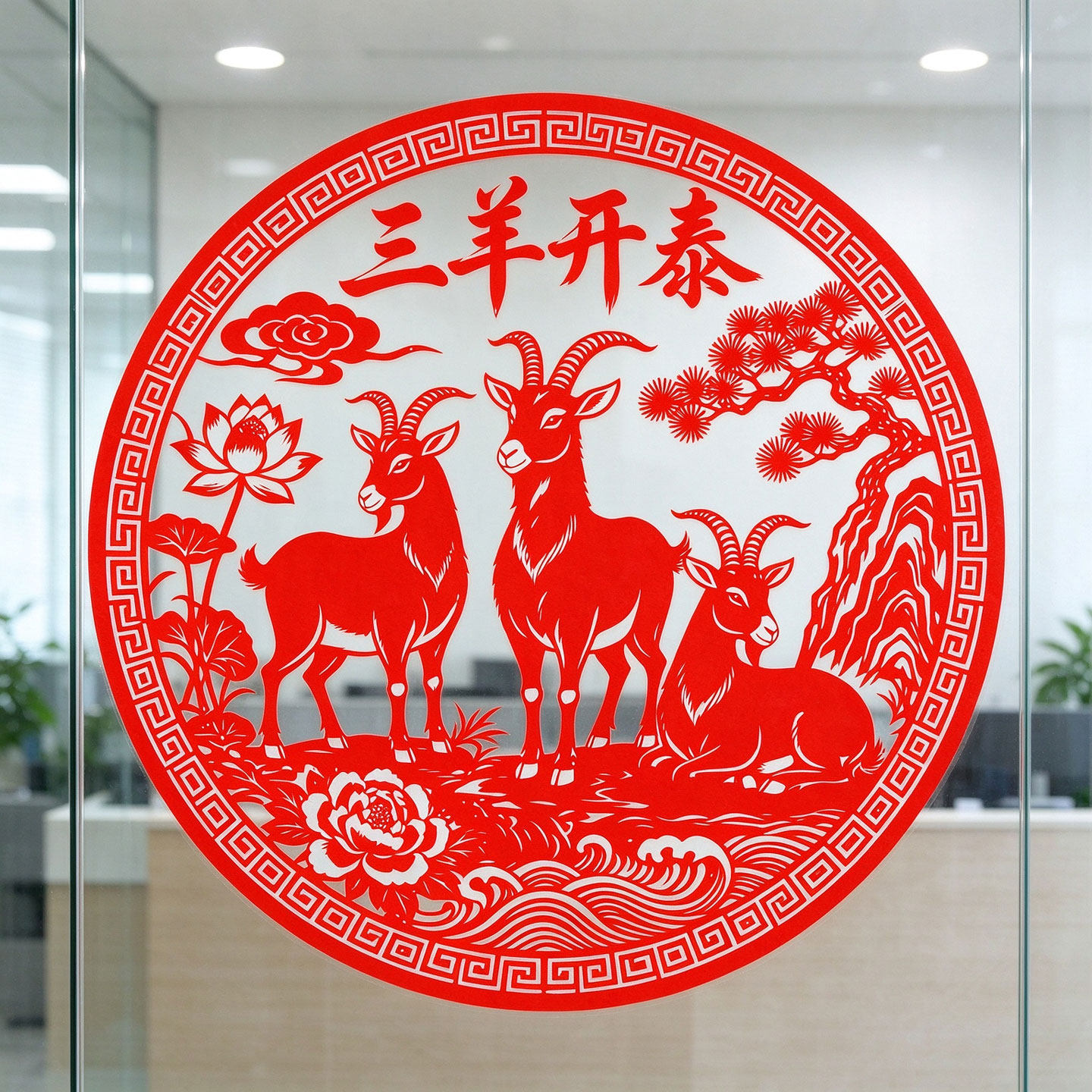 三羊开泰窗花生肖羊静电贴纸公司玻璃门贴纸2027新年春节窗贴水贴