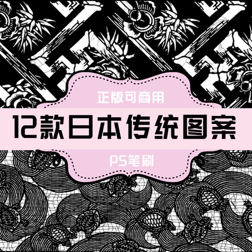 B019 PS笔刷 日本传统图案12款 日本传统花纹纹样 黑底白花