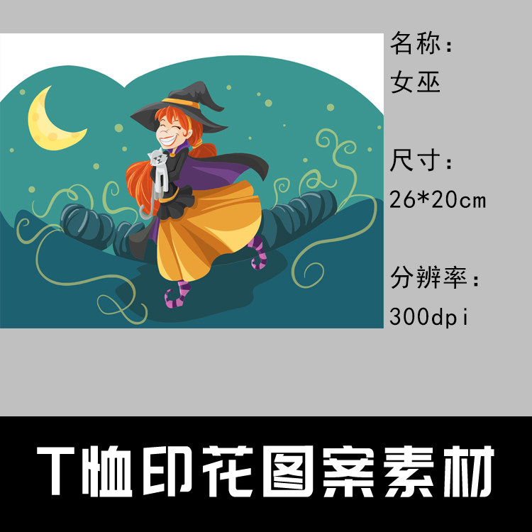 032 t恤印花图案设计素材 图片素材 印花定制图案 女巫 26*20cm