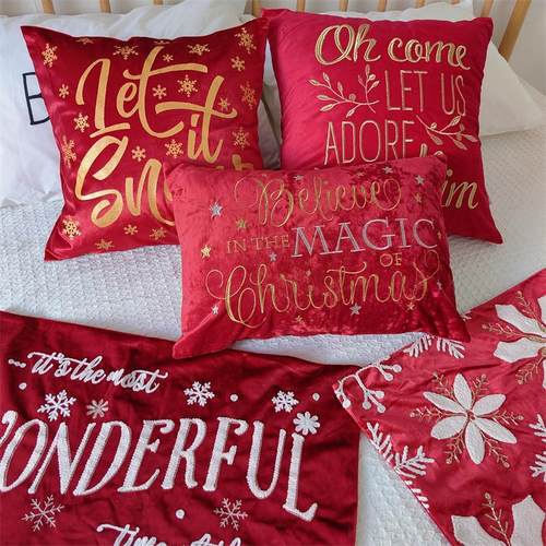 出口外贸大红色字母刺绣靠垫套