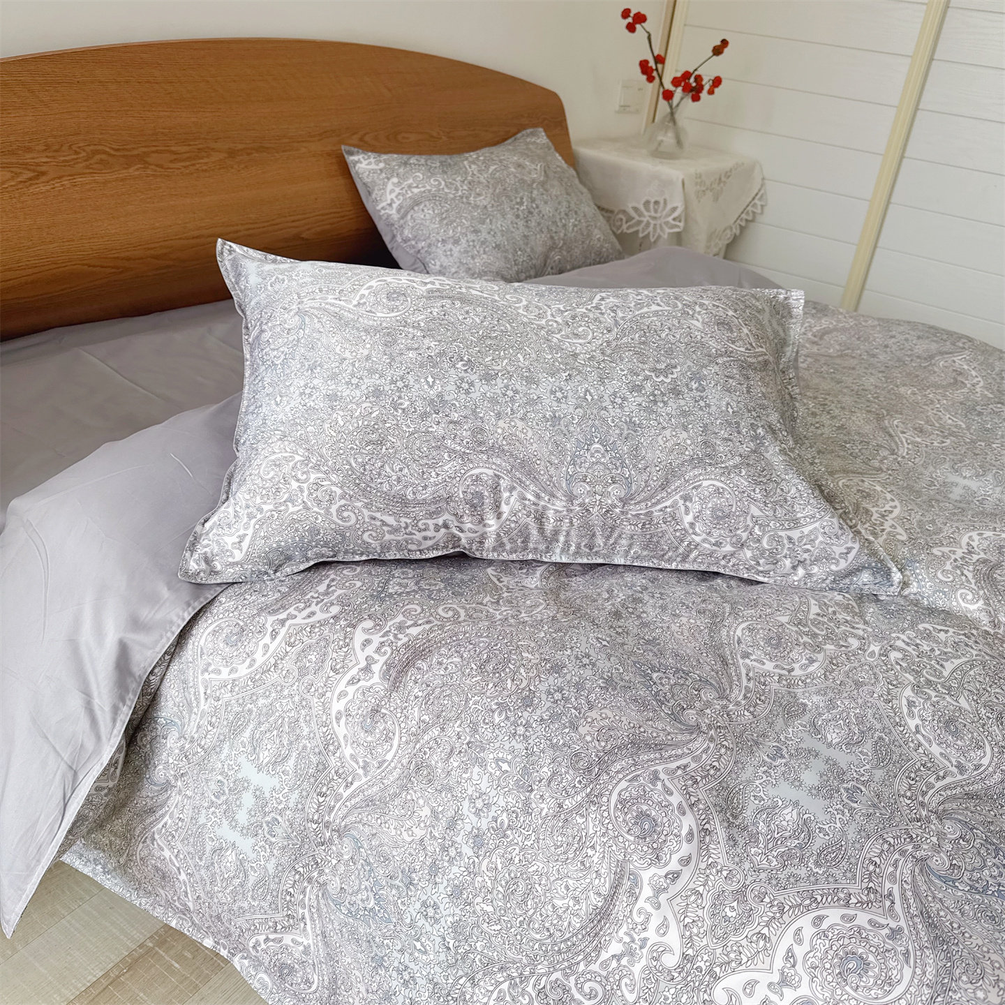 低调复古奢华~外贸出口灰色系纯棉贡缎双人被套床单四件套1.8米