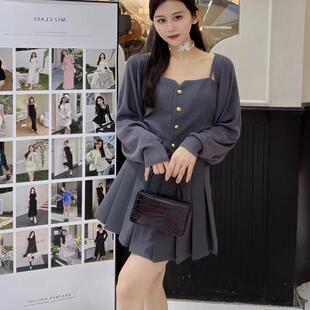 韩版ulzzang早春新款法式气质时尚针织开衫外套吊带+半身裙套装女
