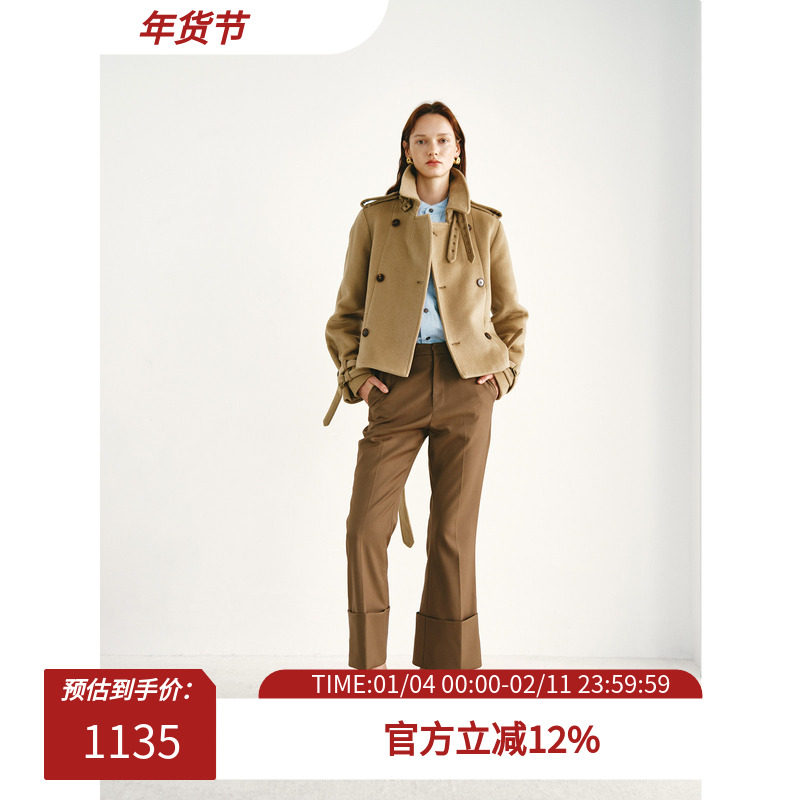 PREEKEND 驼色复古英伦风双排扣立领收腰短大衣,女装/女士精品,短外套,淘宝优惠券,粉丝福利购,淘宝优惠卷