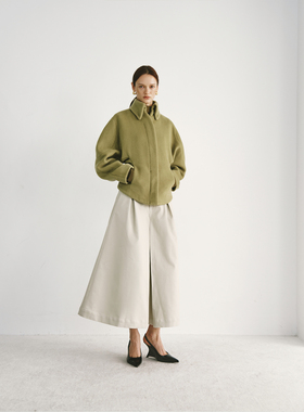 PREEKEND 100%羊毛橄榄绿廓形收腰蝙蝠袖暗门襟立领短大衣