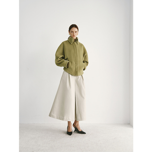 PREEKEND 暗门襟立领短大衣 100%羊毛橄榄绿廓形收腰蝙蝠袖