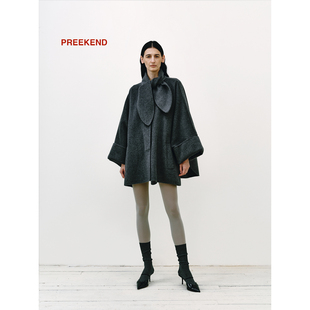Preekend 兔耳朵领羊绒短大衣 山羊绒蚕丝羊毛混纺灰色斗篷蝙蝠袖