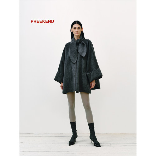 Preekend 山羊绒蚕丝羊毛混纺灰色斗篷蝙蝠袖兔耳朵领羊绒短大衣