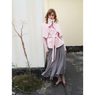 PREEKEND 灰绿条纹假两件立领斗篷双面呢短大衣 羊毛混纺粉色