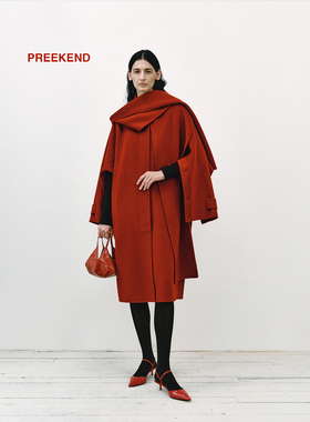 Preekend 100%羊毛解构袖笼设计围巾领宽松羊毛呢红色大衣