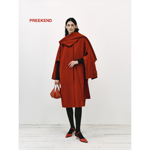 Preekend 100%羊毛解构袖笼设计围巾领宽松羊毛呢红色大衣