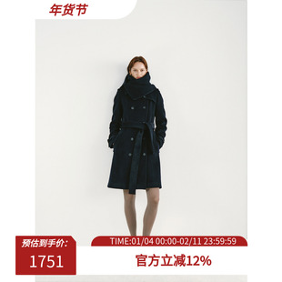 PREEKEND 藏青色双排扣可拆卸围脖系带收腰羊毛羊绒修身大衣