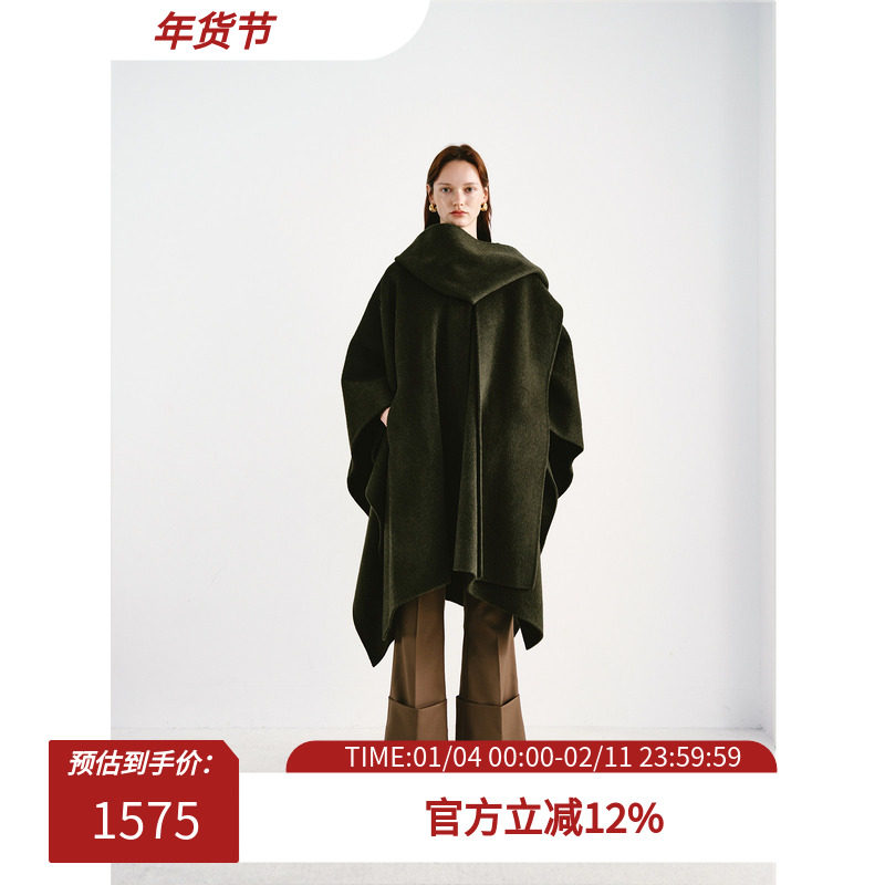 PREEKEND 军绿色羊毛牦牛绒蚕丝混纺双面呢围巾领一片斗篷大衣,女装/女士精品,毛呢外套,淘宝优惠券,粉丝福利购,淘宝优惠卷